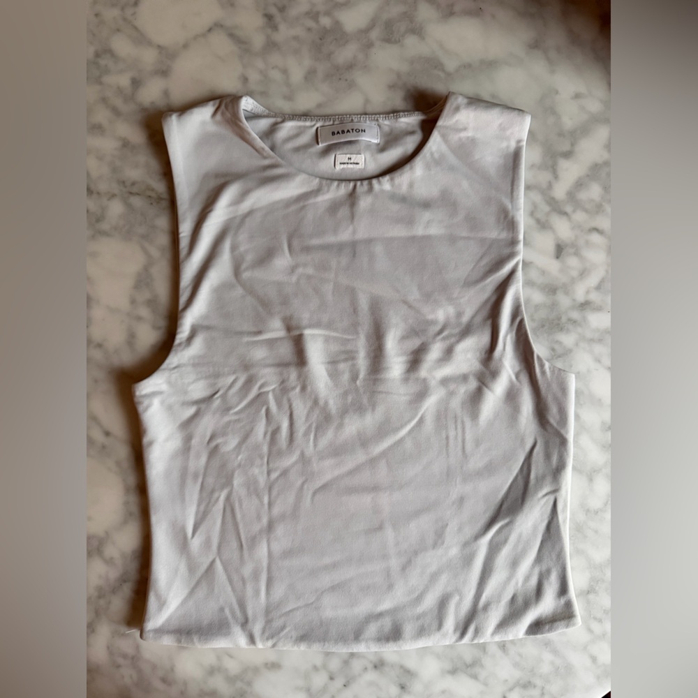 Babaton White Slate Gray Sleeveless Muscle Tank Top Cropped Stretch Fitted